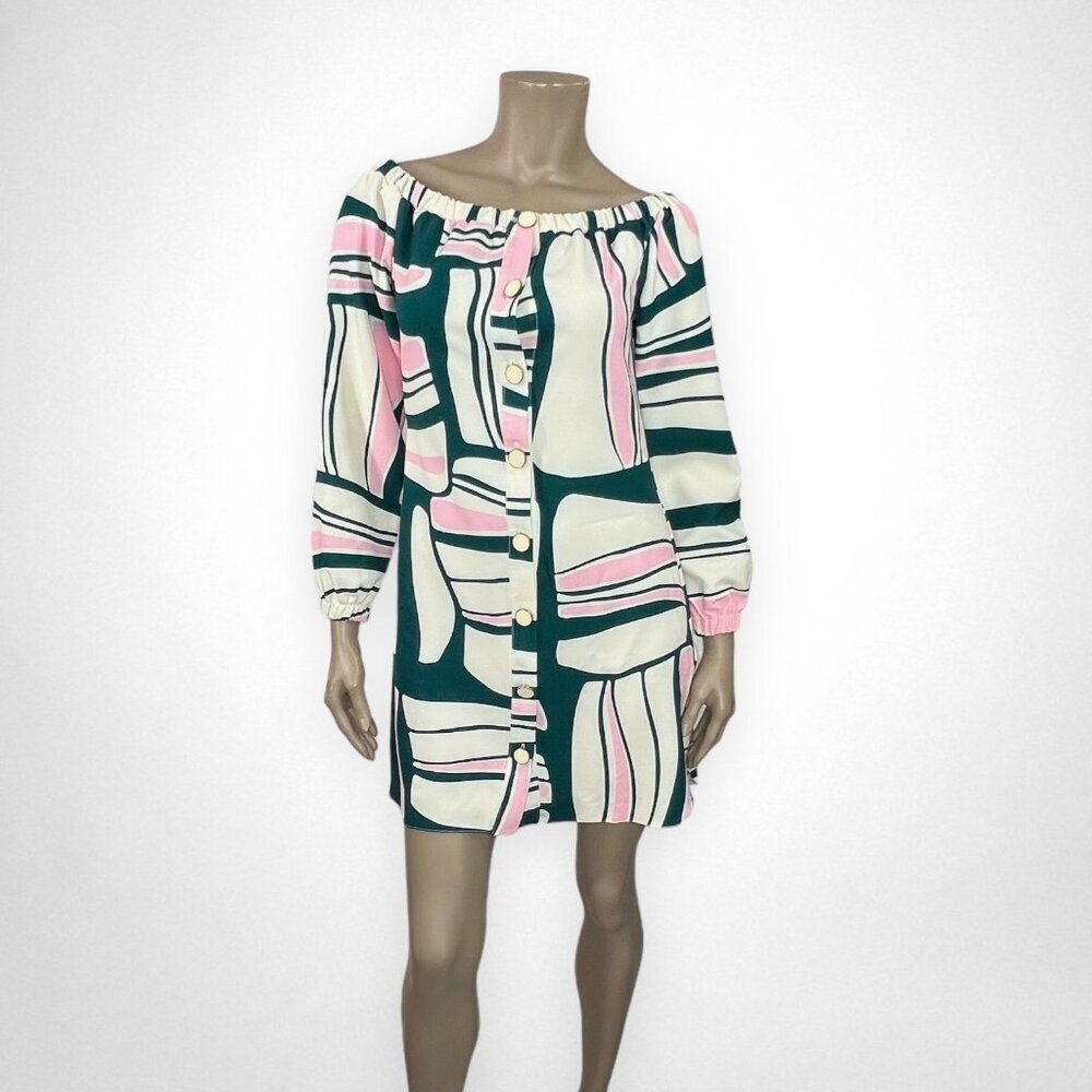 CLOSET. LONDON 4 Green, White and Pink Off Shoulder Dress Long Sleeve Retro 60s‎